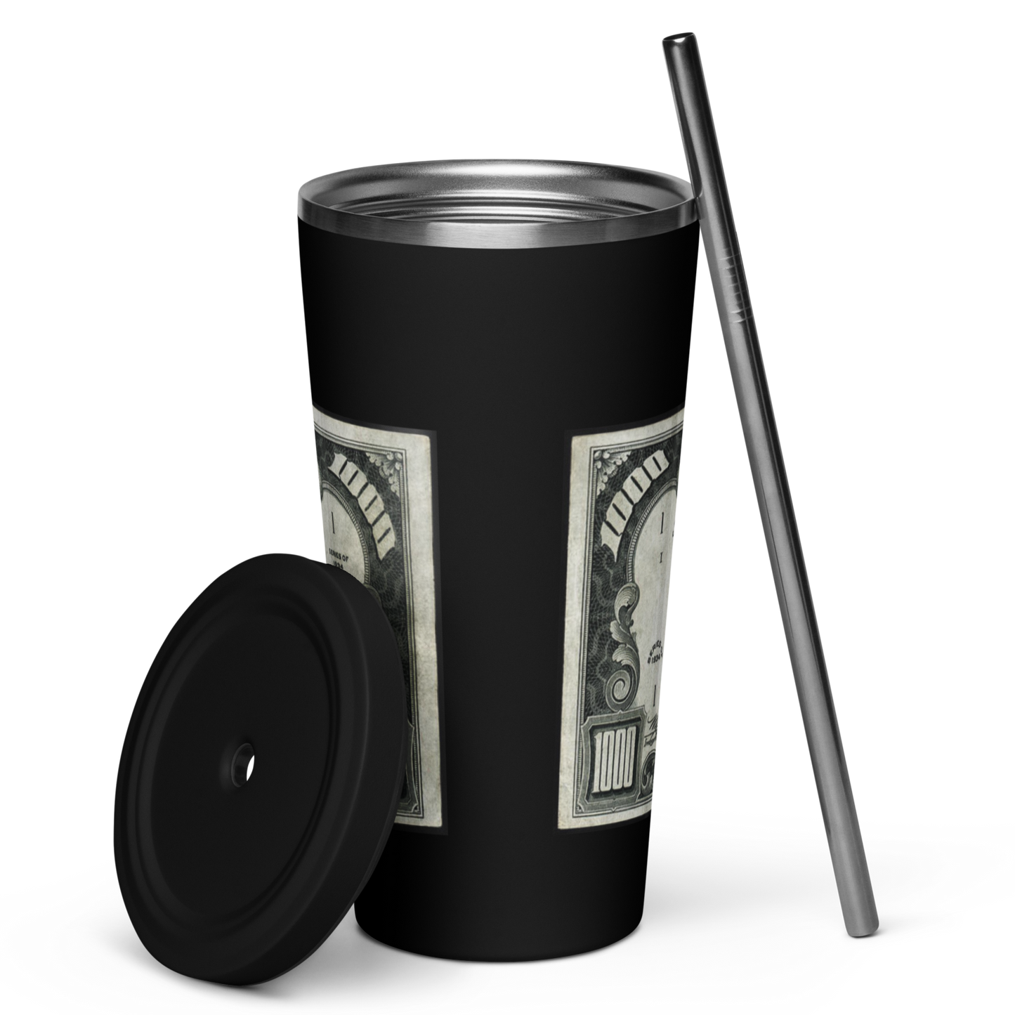 $1000 Bill Insulated Tumbler -w- Straw