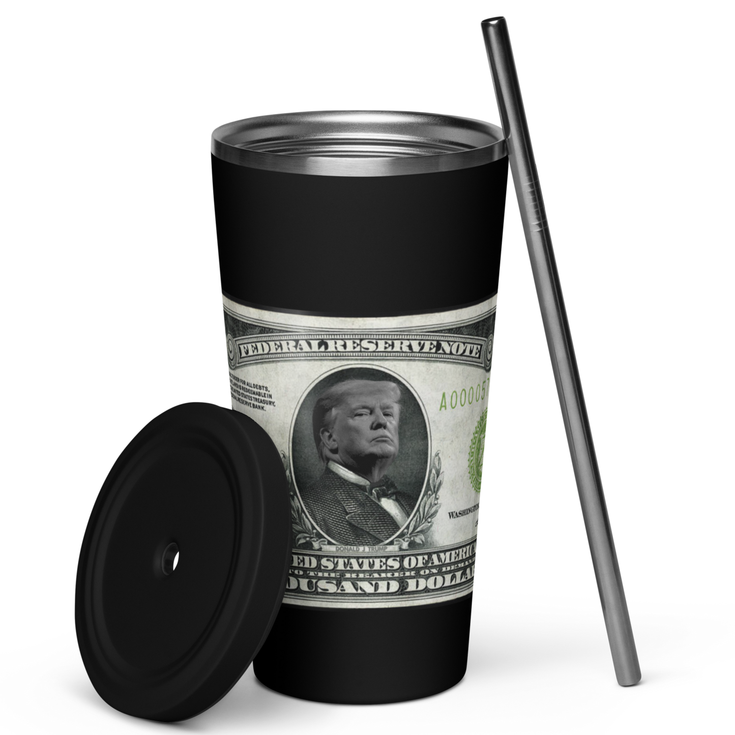 $1000 Bill Insulated Tumbler -w- Straw