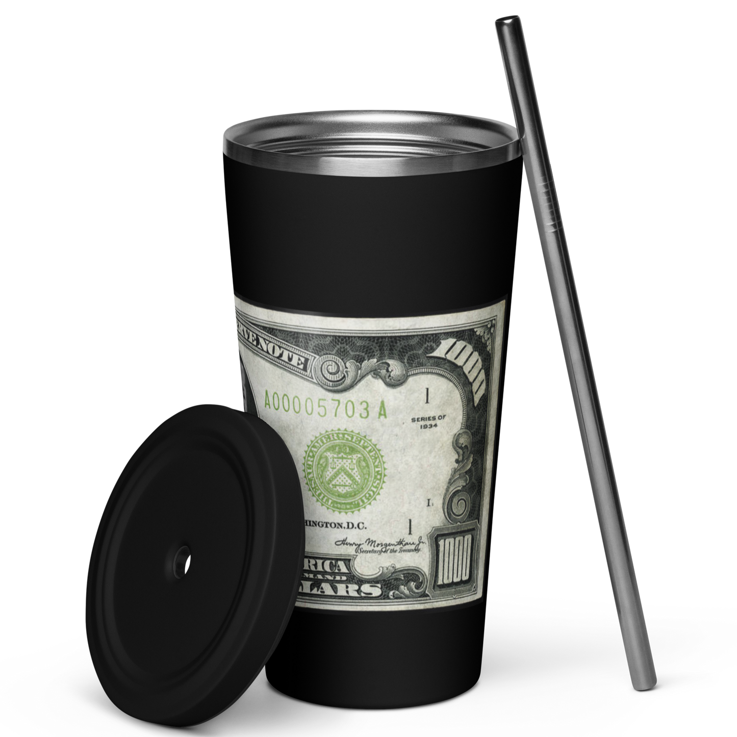 $1000 Bill Insulated Tumbler -w- Straw