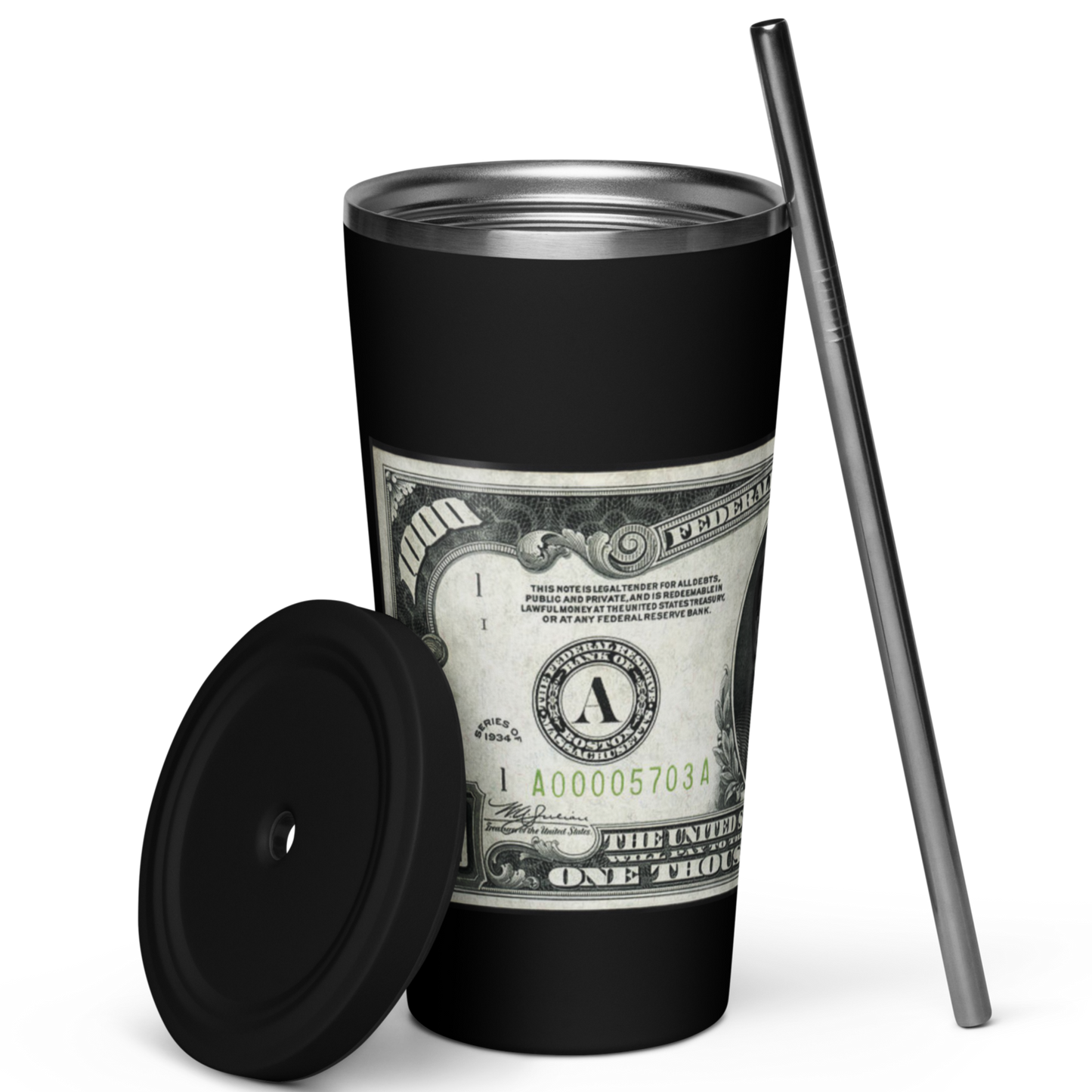 $1000 Bill Insulated Tumbler -w- Straw