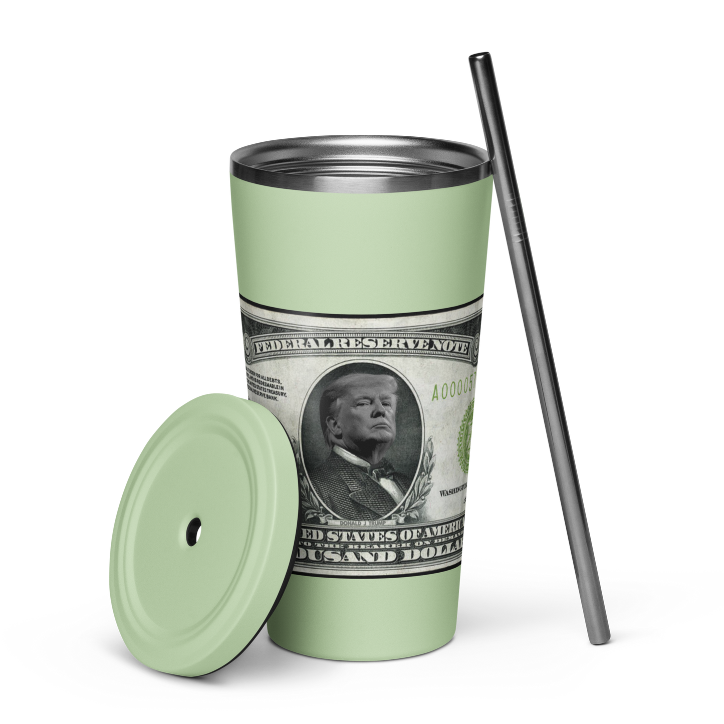 $1000 Bill Insulated Tumbler -w- Straw