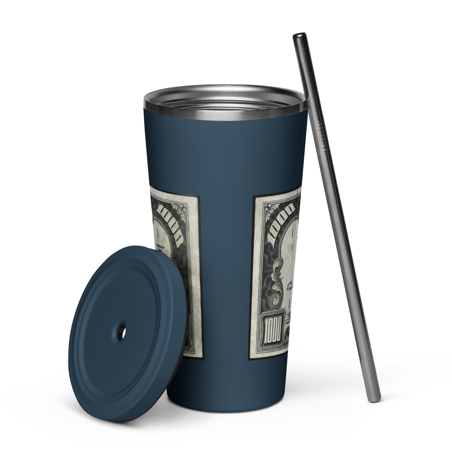 $1000 Bill Insulated Tumbler -w- Straw