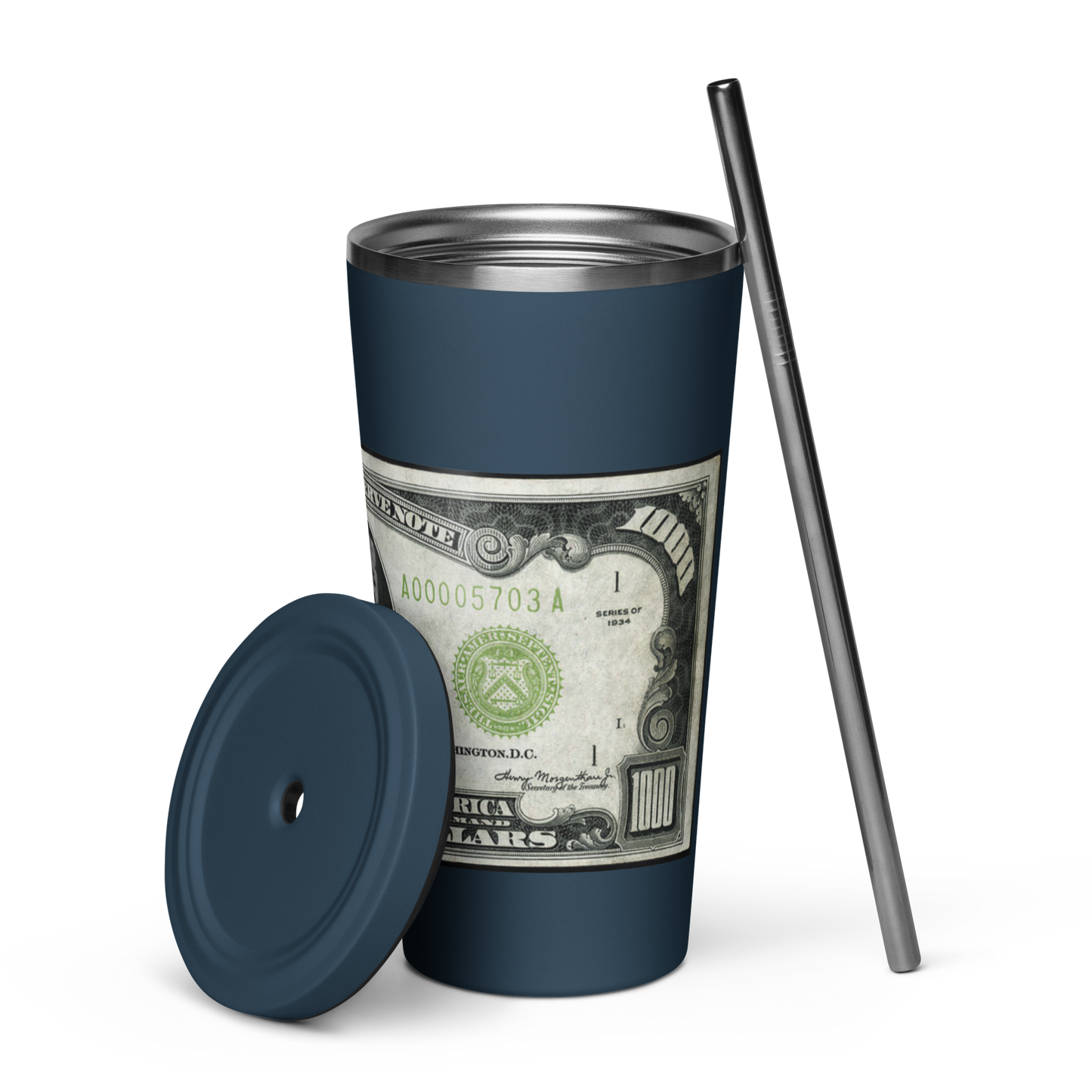 $1000 Bill Insulated Tumbler -w- Straw