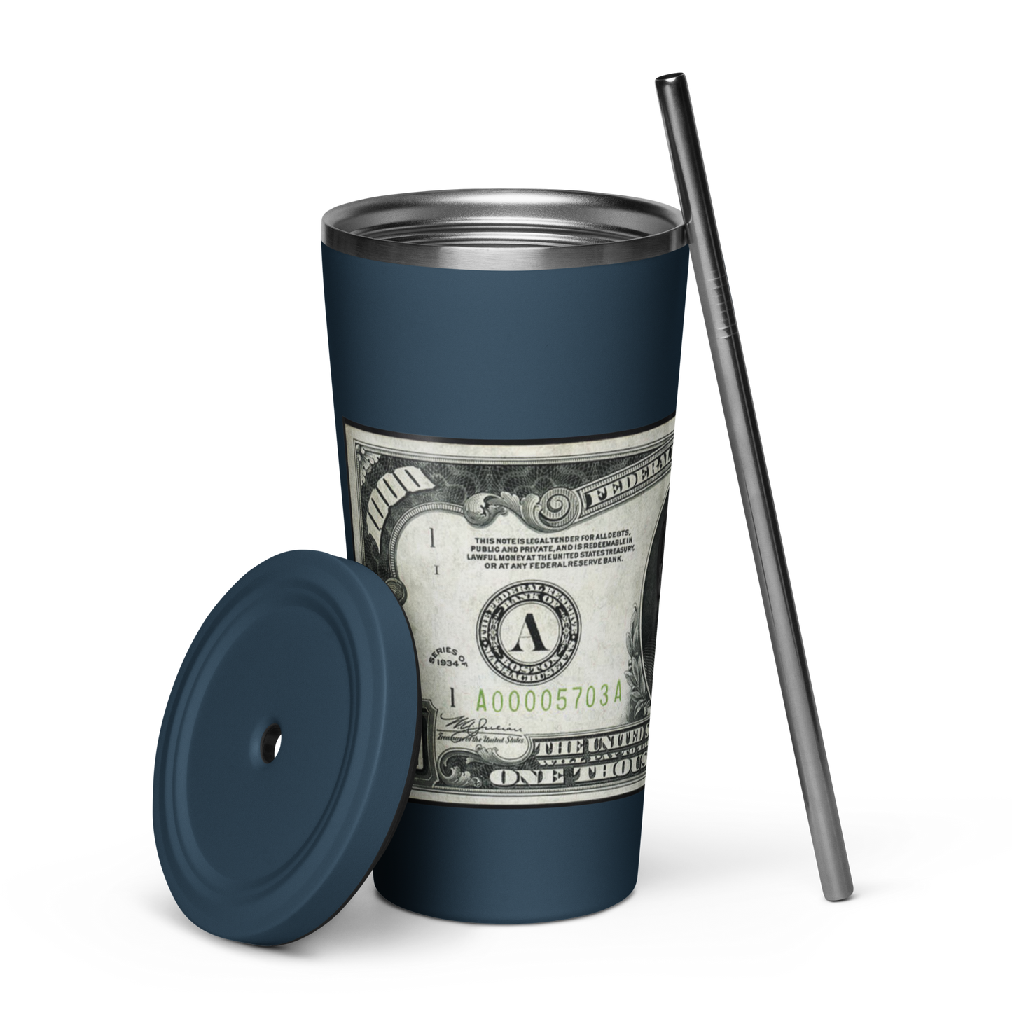 $1000 Bill Insulated Tumbler -w- Straw