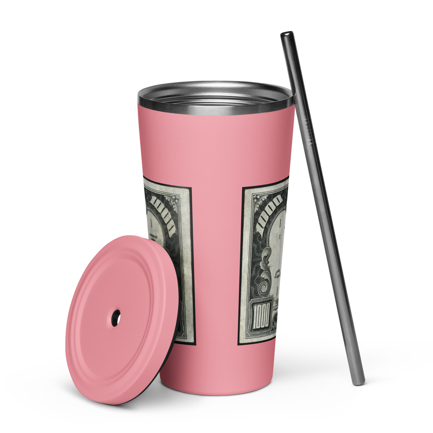 $1000 Bill Insulated Tumbler -w- Straw