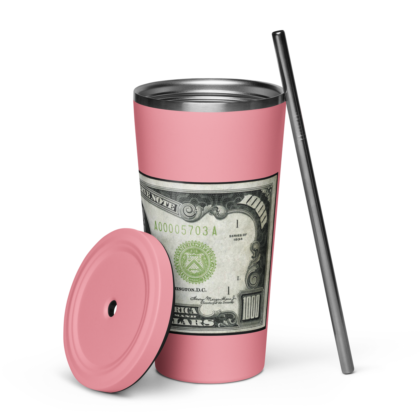 $1000 Bill Insulated Tumbler -w- Straw