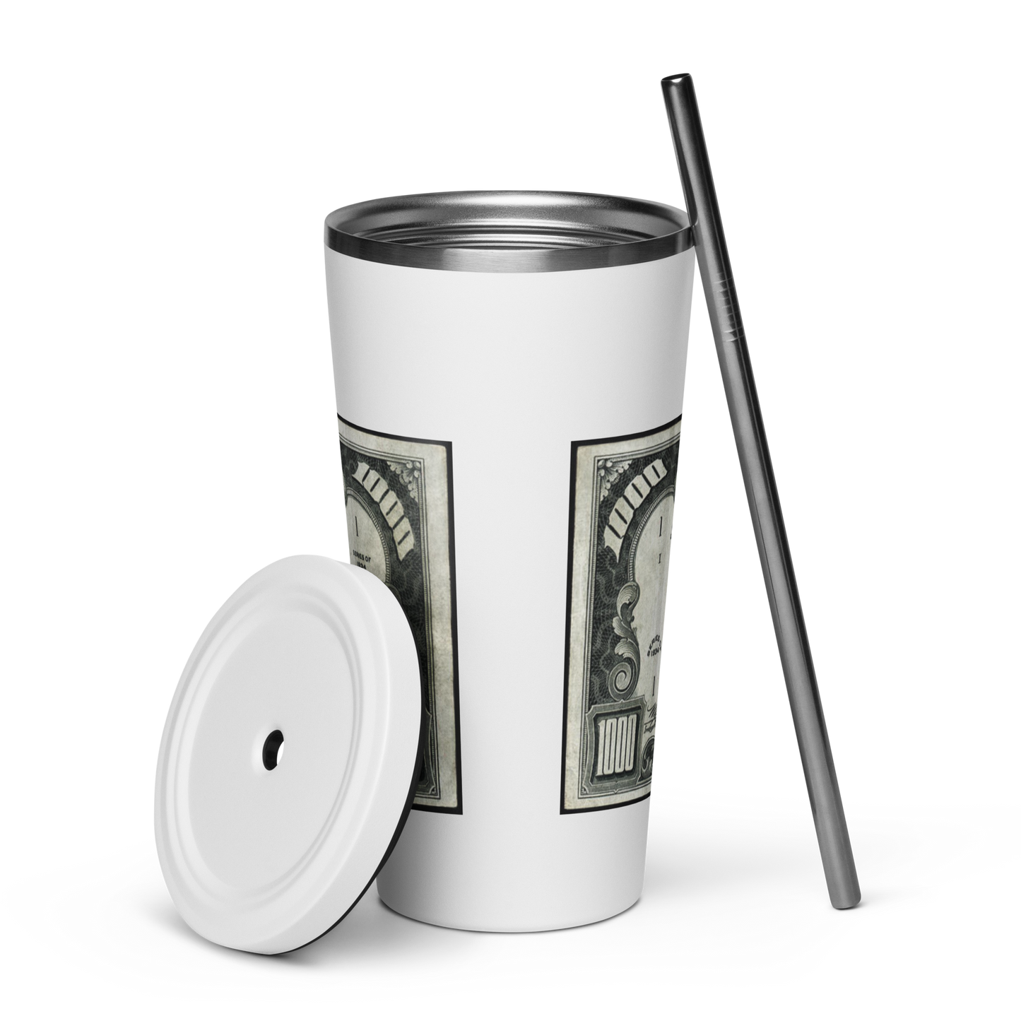 $1000 Bill Insulated Tumbler -w- Straw