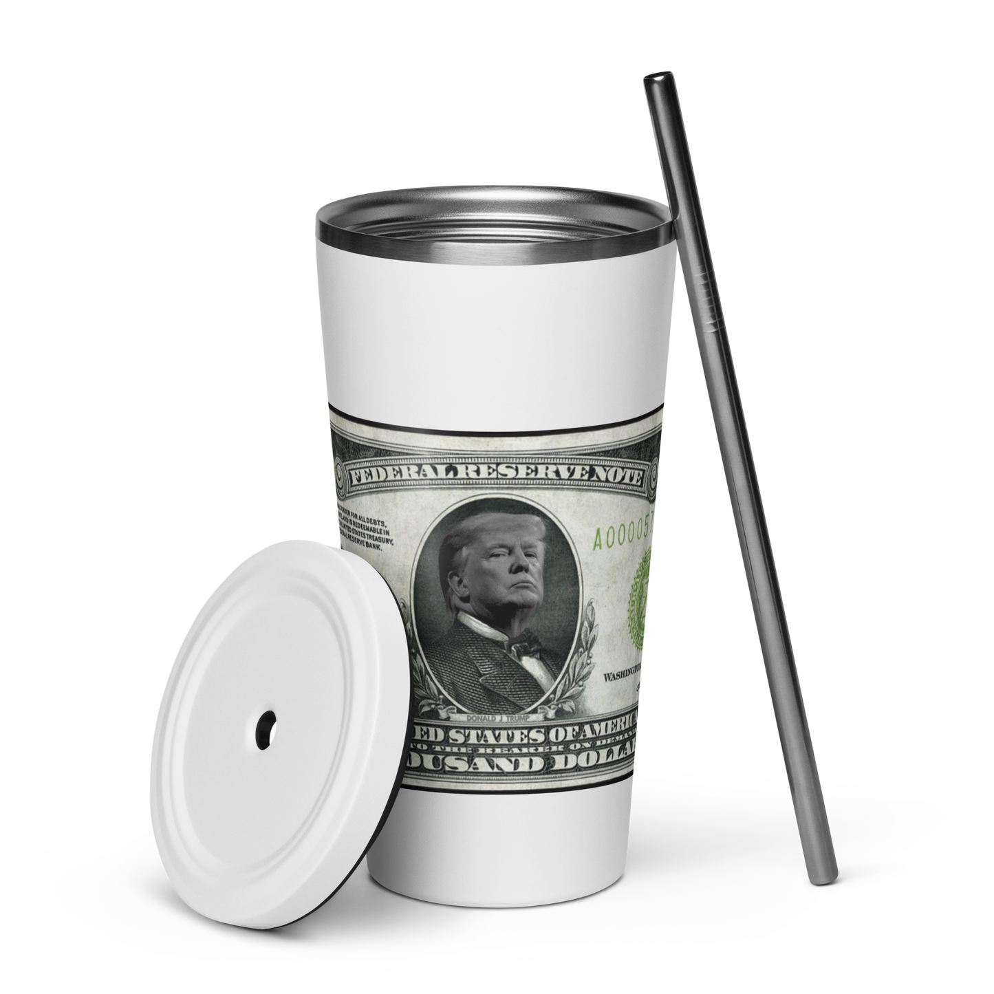 $1000 Bill Insulated Tumbler -w- Straw