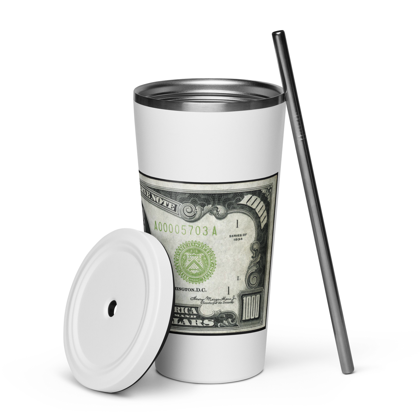 $1000 Bill Insulated Tumbler -w- Straw